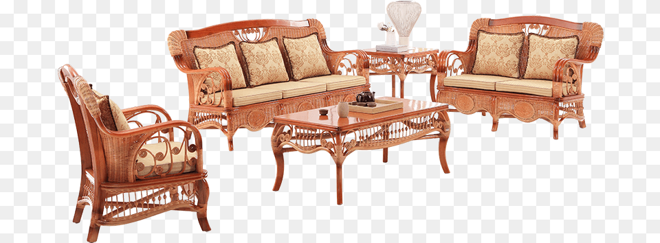 Classic Home Furniture Cane Wood Sofa Set Living Room Studio Couch, Table, Home Decor, Cushion, Coffee Table Png Image