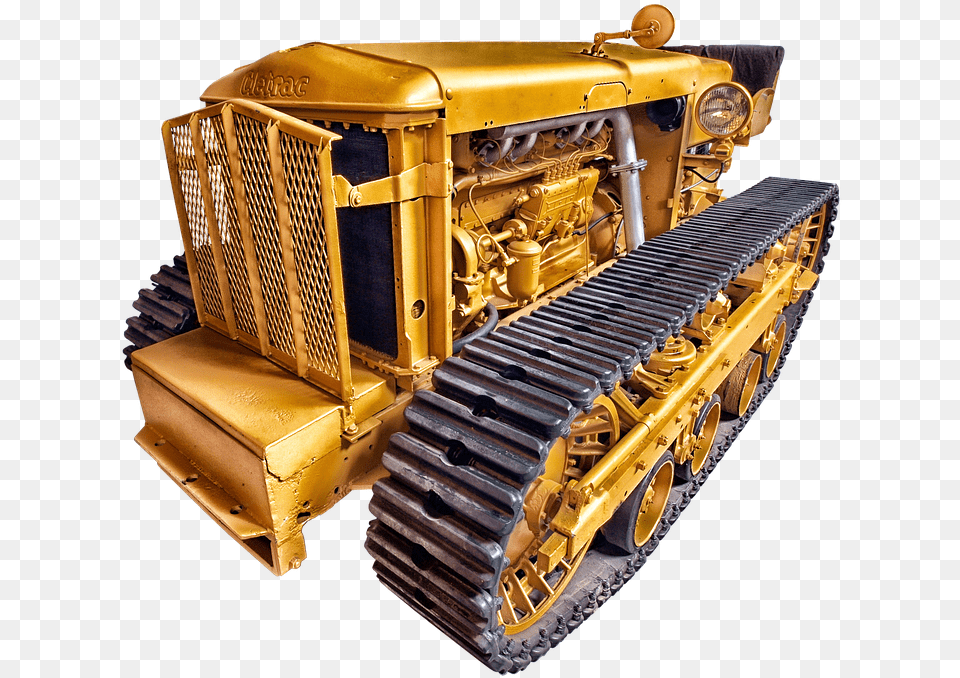 Cletrac Dozer Yellow Chains Caterpillar Construction Vehicle With Tracks, Machine, Bulldozer, Wheel Free Transparent Png