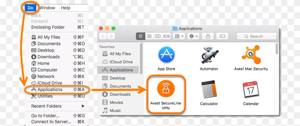 Click Go On The Menu Bar And Select Applications Avast Secureline Vpn Mac, File, Webpage, Text, Computer Hardware Free Png