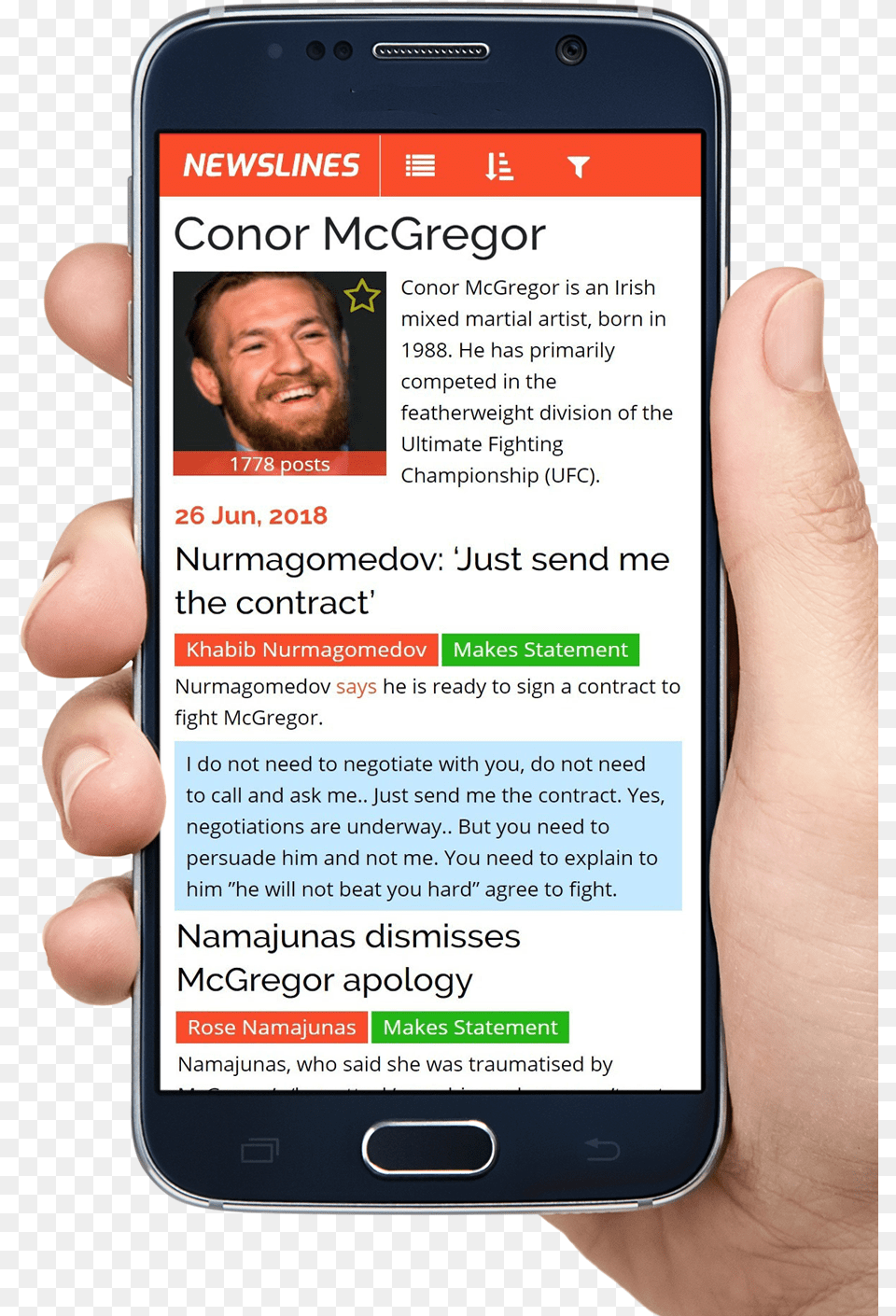 Click The Phone To See Conor Mcgregor39s Newsline Food Choices Delivery Apps, Electronics, Mobile Phone, Adult, Male Free Png Download