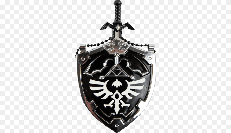 Clip Art Black Master Sword Necklace Zelda Shield And Sword Black, Armor, Weapon, Cross, Symbol Png Image