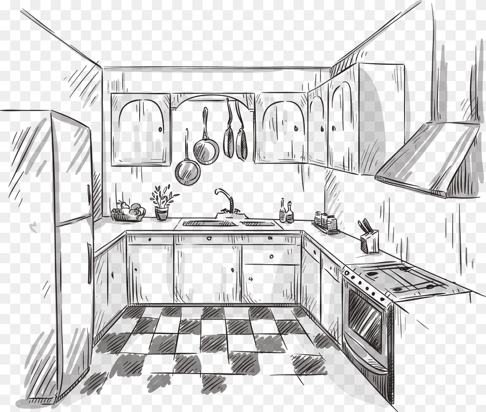 Clip Art Collection Of Drawing Kitchen Sketch, Indoors, Furniture, Railway, Train Png Image