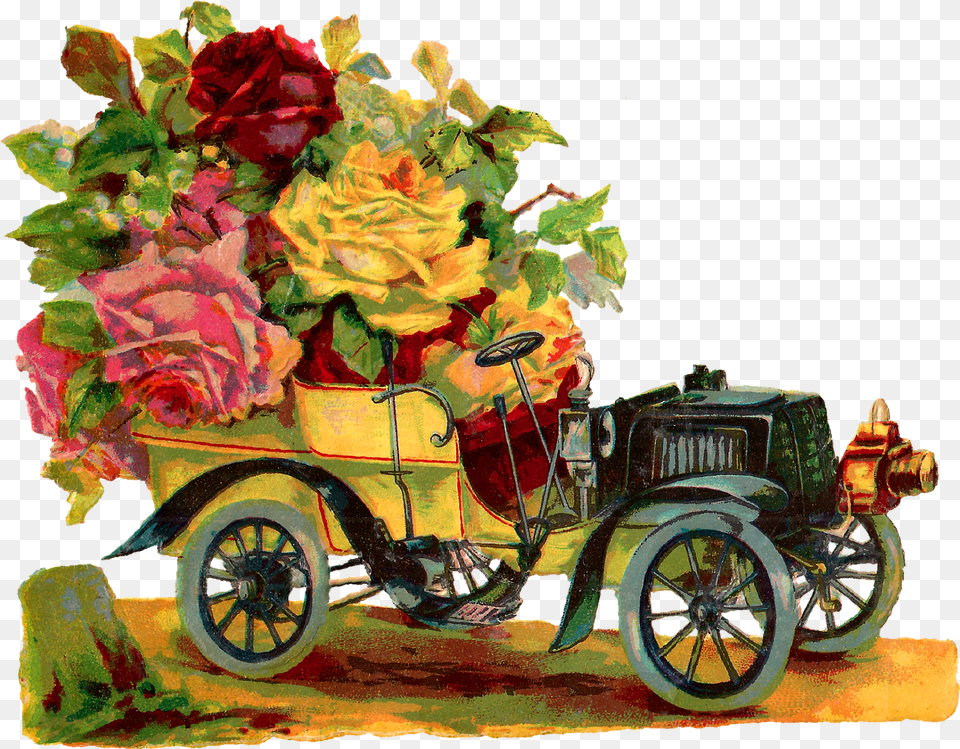 Clip Art Library Library Images Vintage Classic Ernst Freihoff Aufstellschmuckkarte Automobil Mit Blumen, Flower, Flower Arrangement, Plant, Wheel Png