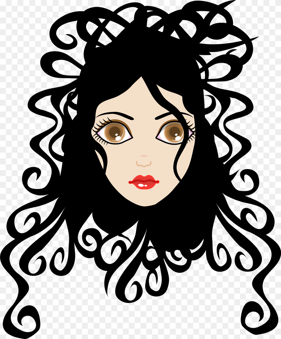 Clip Art Of Fashionable Curly Haired Girl Image Black And White Curly Hqir, Face, Head, Person, Photography Free Png