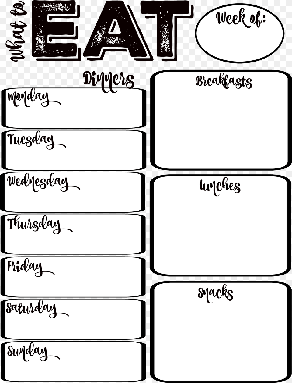 Clip Art Printable Meal Planner Template Printable Black And White Planner, Text Free Transparent Png