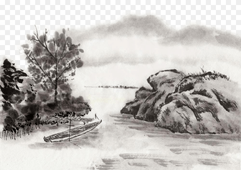 Clip Art Stock Ink Wash Painting Landscape Painting Chinese Black Ink Painting, Cruiser, Vehicle, Transportation, Ship Png Image