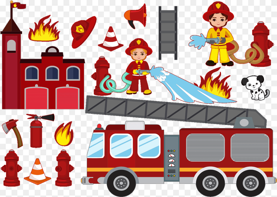 Clipart Firetruck With Hose And Ax, Baby, Person, Machine, Wheel Png Image