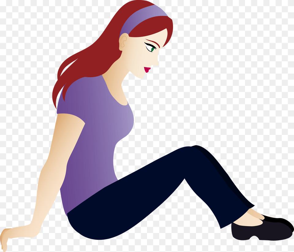 Clipart People Sitting Cartoon Girl With Brown Hair, Adult, Clothing, Female, Pants Png Image