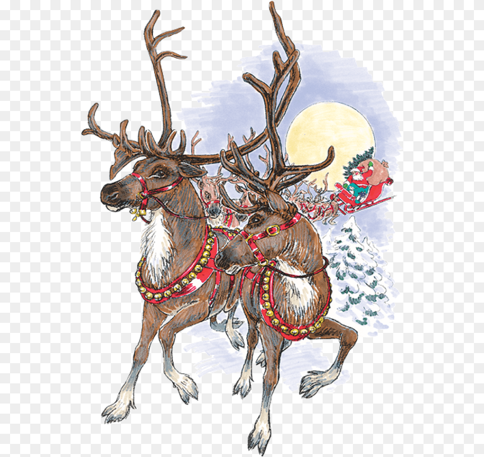 Clipart Reindeer Realistic Vintage Santa And Reindeers, Animal, Deer, Mammal, Wildlife Png Image