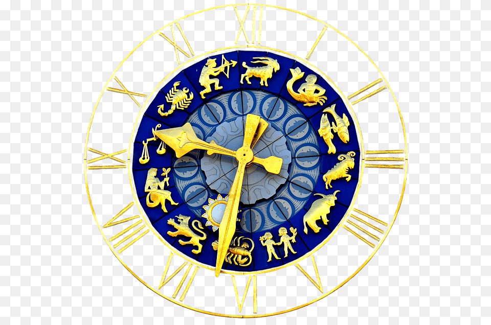 Clock Zodiac Sign Time Of Pointer Dial Gold Blue Old Town Hall, Analog Clock, Machine, Wheel, Person Free Png Download