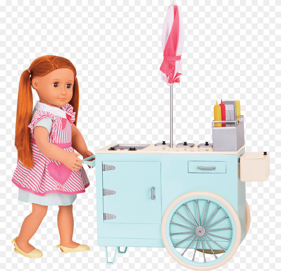 Close Up View Of Hit Dogs And Grill Our Generation Food Cart, Doll, Toy, Wheel, Machine Free Transparent Png