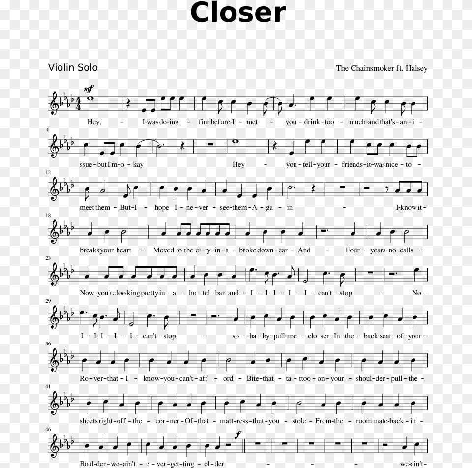 Closer Sheet Music Composed By The Chainsmoker Ft Daddy Yankee Dura Piano Partitura, Gray Free Transparent Png