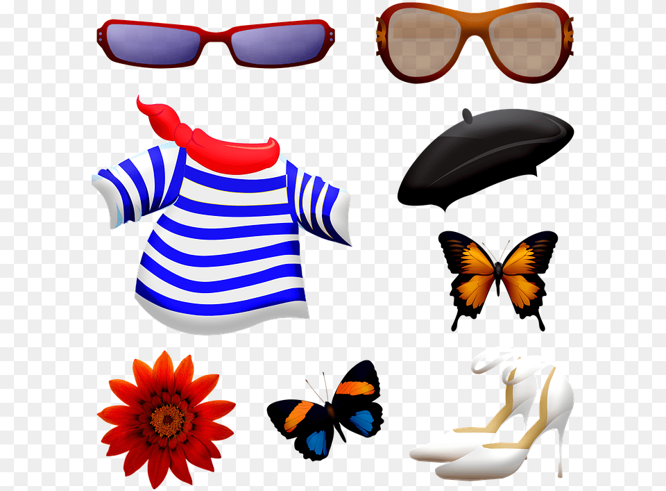 Clothing Accessories Beret Sunglasses Shoes Butterfly, Shoe, Footwear, Flower, Petal Free Png Download