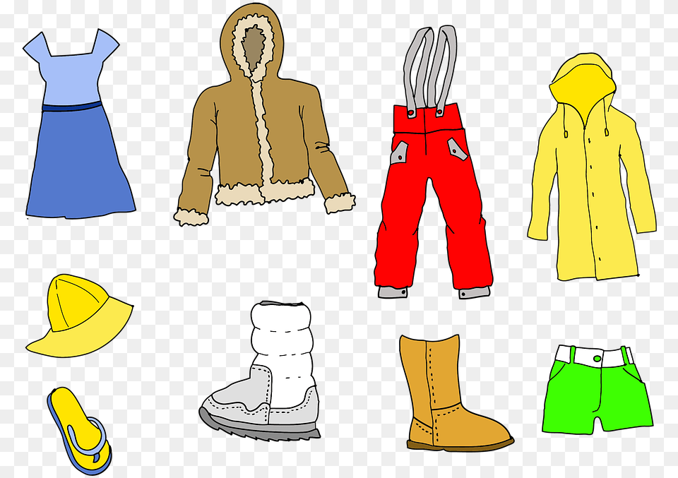 Clothing Dress Boots Coat Jacket Pants Rain Cover Clothes Clipart, Person, Adult, Hat, Woman Free Png