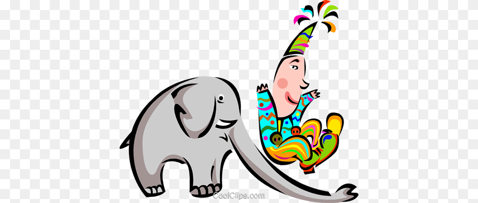 Clown Sliding Down Elephants Trunk Royalty Free Vector Clip Art, Face, Head, Person, Animal Png