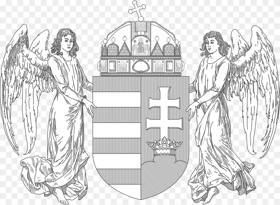 Coat Of Arms Of Hungary 1896 1915 Angels Monochrome Clipart, Adult, Angel, Bride, Female Png Image