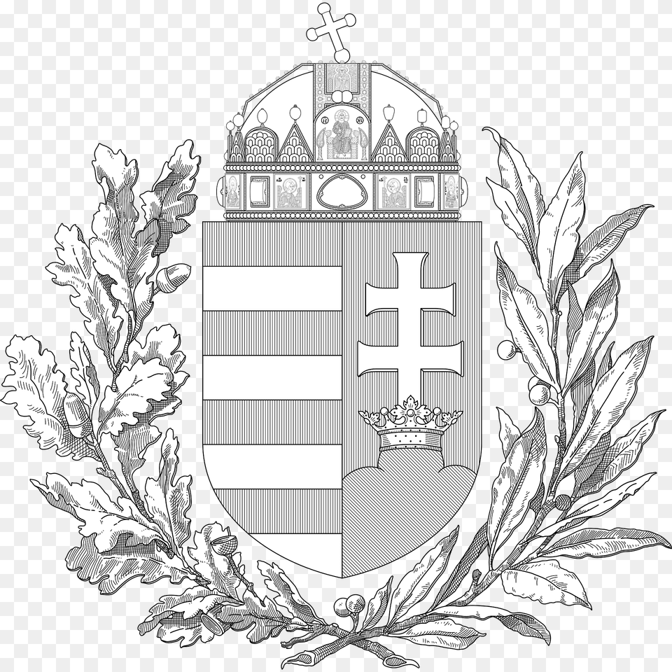 Coat Of Arms Of Hungary 1896 1915 Oak And Olive Branches Monochrome Clipart, Symbol, Person Free Transparent Png
