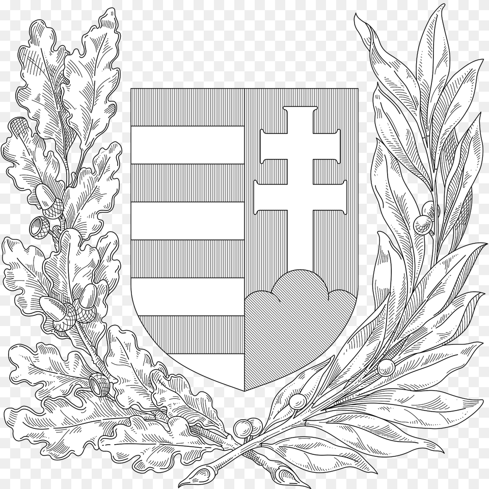 Coat Of Arms Of Hungary 1918 1919 Oak And Olive Branches Monochrome Clipart, Armor Free Png