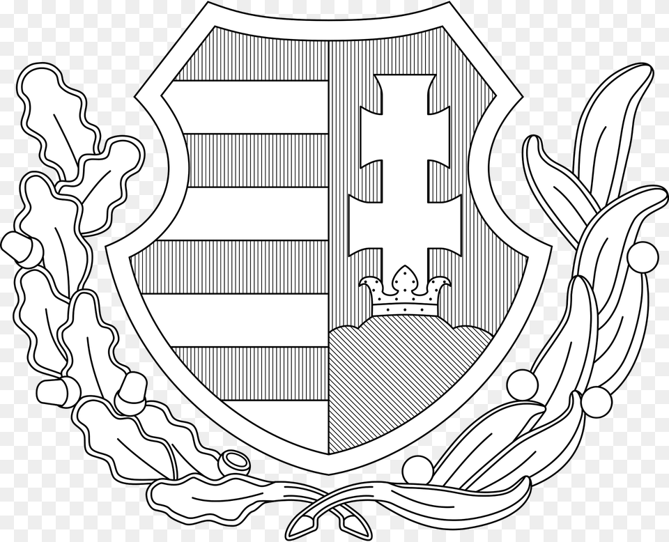 Coat Of Arms Of Hungary 1946 1949 1956 1957 Oak And Olive Branches Monochrome Clipart, Armor, Emblem, Symbol, Shield Png Image