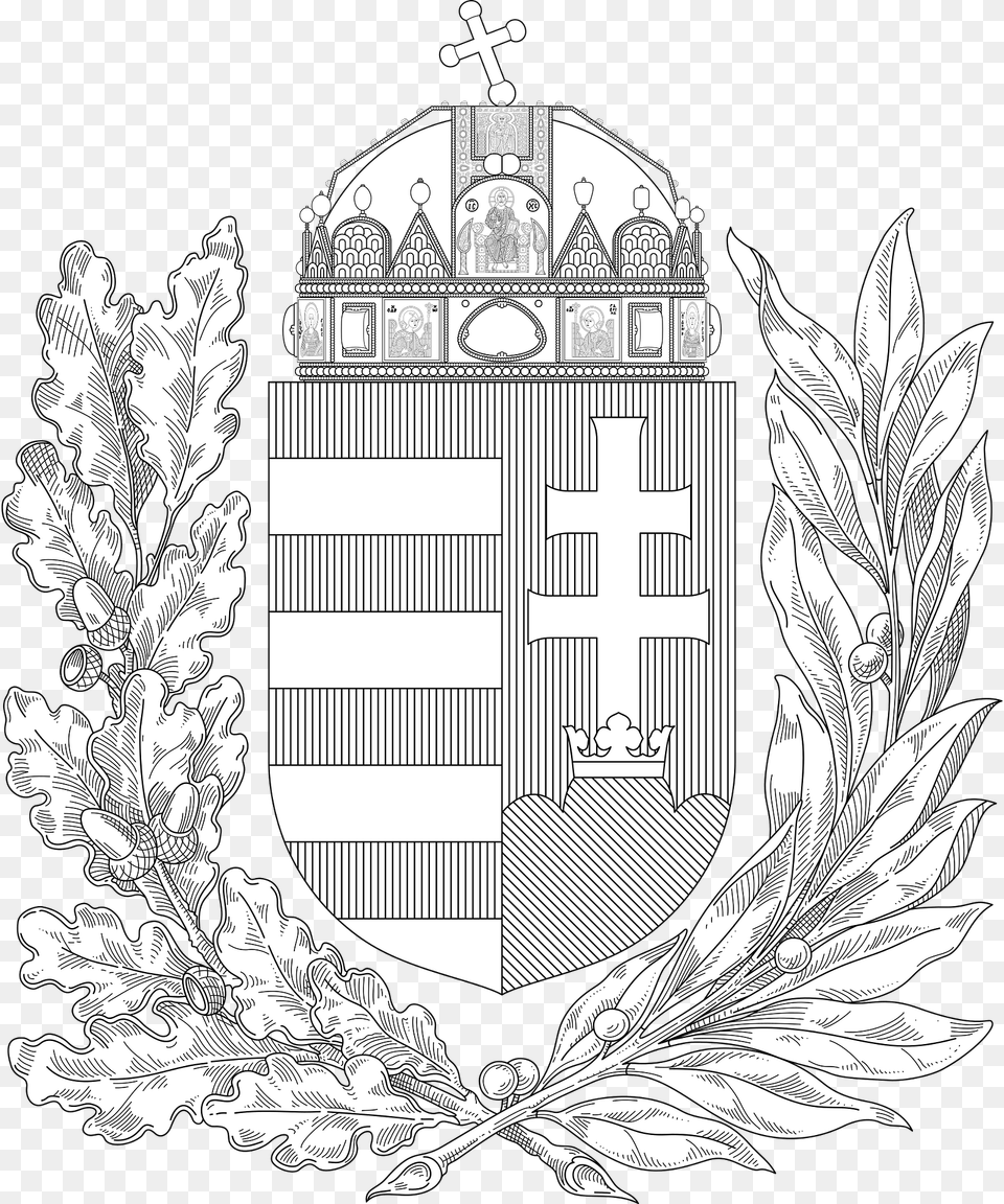 Coat Of Arms Of Hungary Oak And Olive Branches Monochrome Clipart, Person Free Png Download