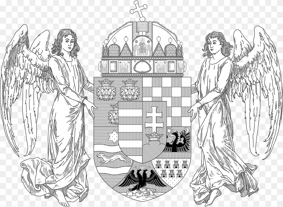 Coat Of Arms Of The Lands Of The Holy Hungarian Crown 1896 1915 Angels Monochrome Clipart, Adult, Angel, Bride, Female Png Image