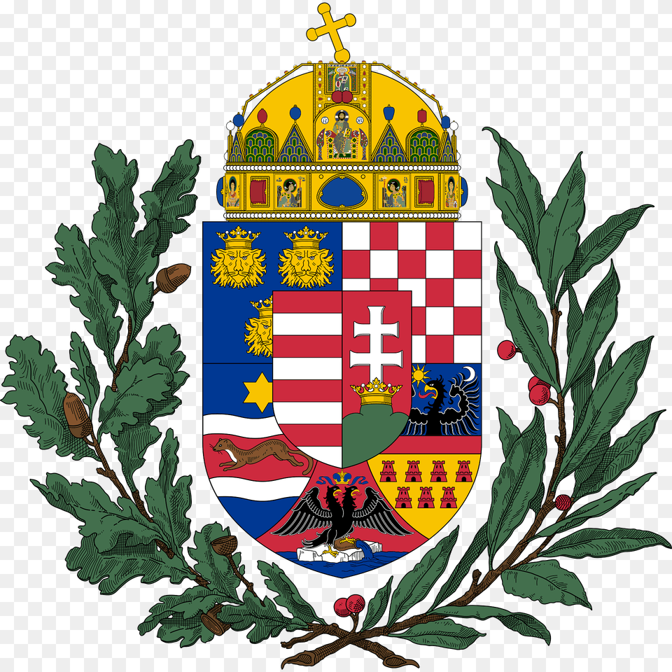 Coat Of Arms Of The Lands Of The Holy Hungarian Crown 1896 1915 Oak And Olive Branches Clipart, Emblem, Symbol, Person Free Png