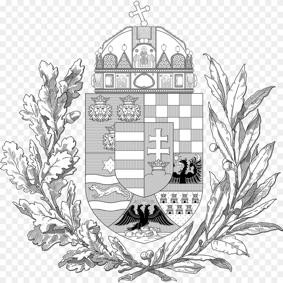 Coat Of Arms Of The Lands Of The Holy Hungarian Crown 1896 1915 Oak And Olive Branches Monochrome Clipart, Emblem, Symbol Free Transparent Png