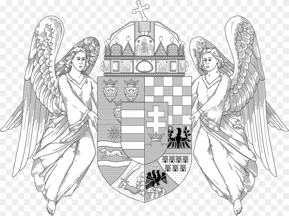 Coat Of Arms Of The Lands Of The Holy Hungarian Crown 1915 1918 1919 1946 Angels Monochrome Clipart, Angel, Adult, Wedding, Person Free Png Download