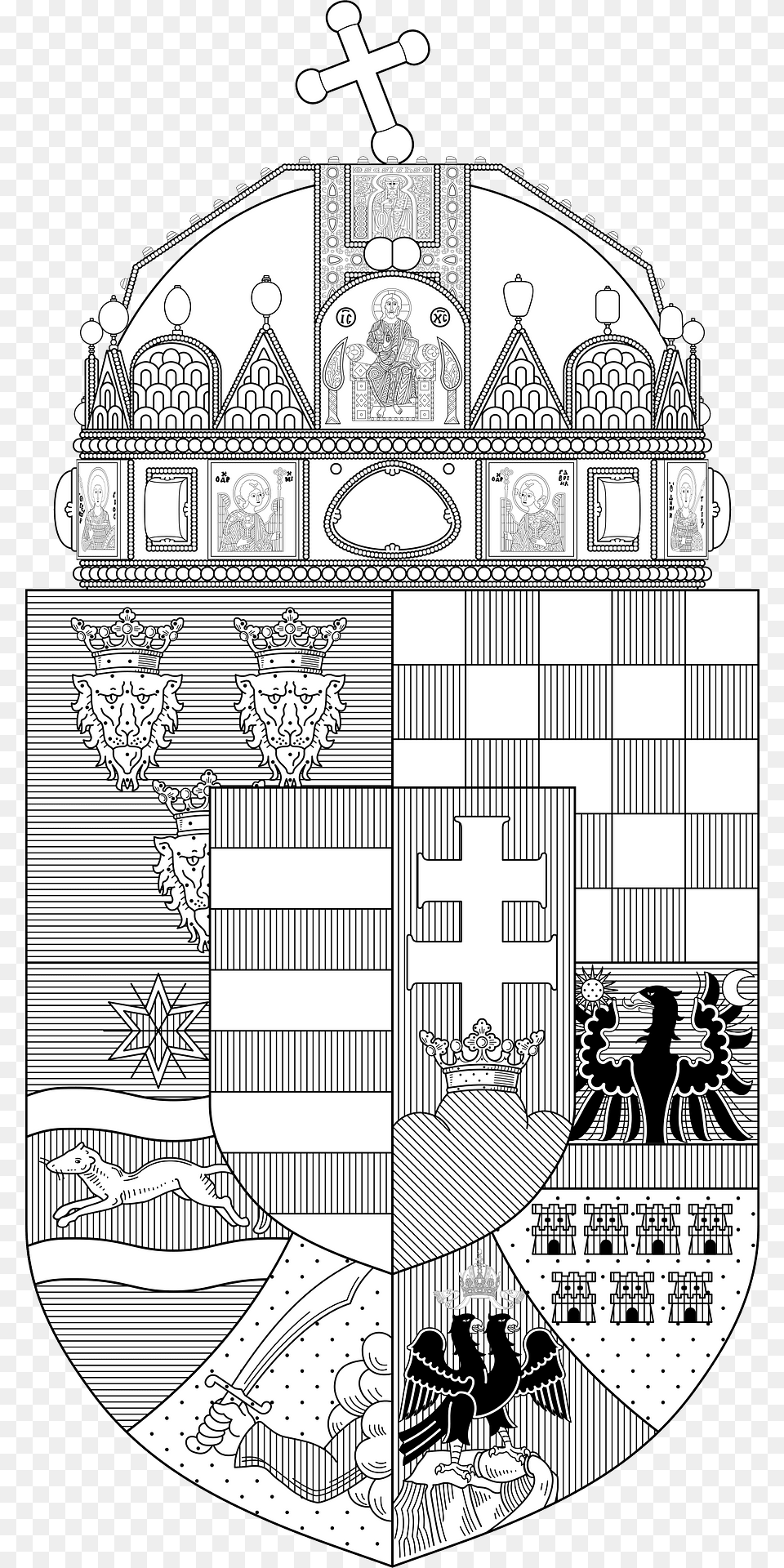 Coat Of Arms Of The Lands Of The Holy Hungarian Crown 1915 1918 1919 1946 Monochrome Clipart, Person, Arch, Architecture, Animal Free Transparent Png