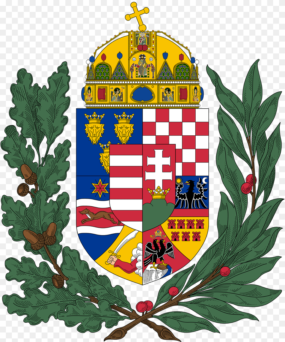 Coat Of Arms Of The Lands Of The Holy Hungarian Crown 1915 1918 1919 1946 Oak And Olive Branches Clipart, Emblem, Symbol, Person Free Transparent Png