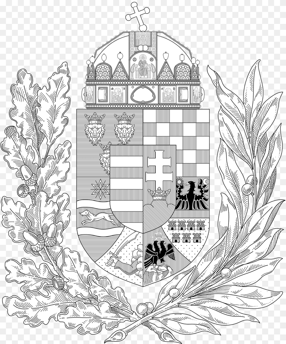 Coat Of Arms Of The Lands Of The Holy Hungarian Crown 1915 1918 1919 1946 Oak And Olive Branches Monochrome Clipart, Person Free Png Download
