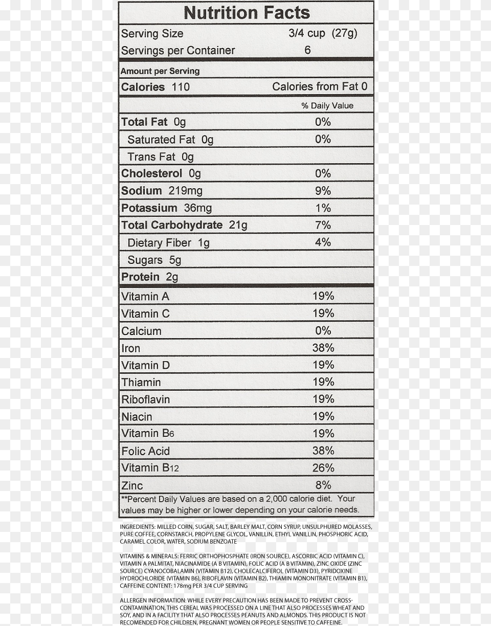 Coffee Cereal Nutrition Facts, Page, Text Free Png