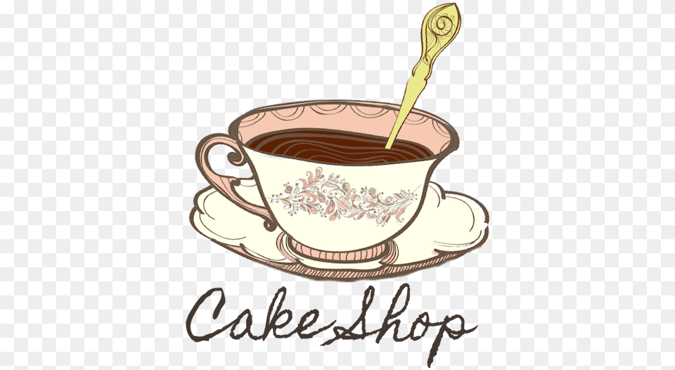 Coffee Clipart Tea Cake Vintage Cake Shop Logo, Cup, Cutlery, Spoon, Saucer Png Image