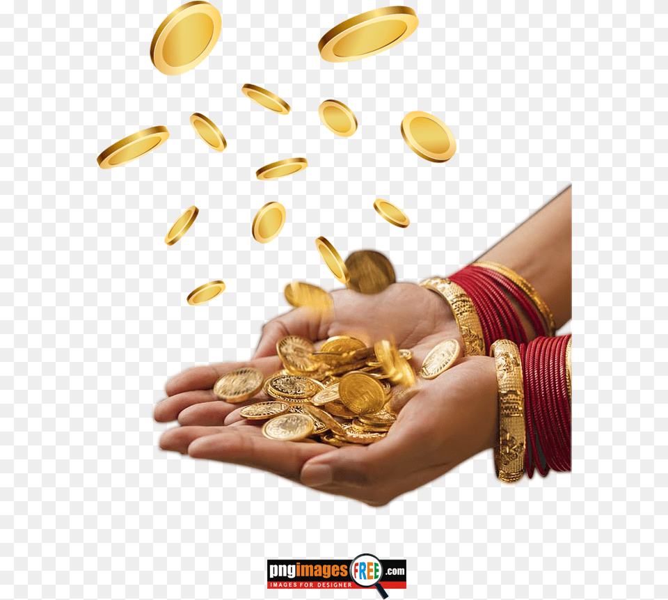 Coin Gold Falling In Indian Women Hand Indian Coin, Treasure, Accessories, Baby, Bracelet Free Png
