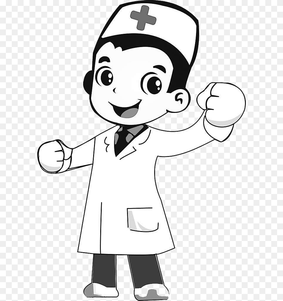 Collection Of Doctor Drawing Cartoon Male Nurse Cartoon Black And White, Clothing, Coat, Face, Head Free Png