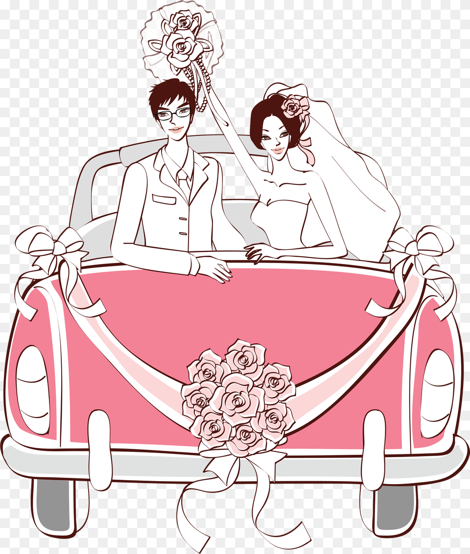Collection Of Wedding Car Drawing High Drawing Just Married Car, Book, Comics, Publication, Person Png