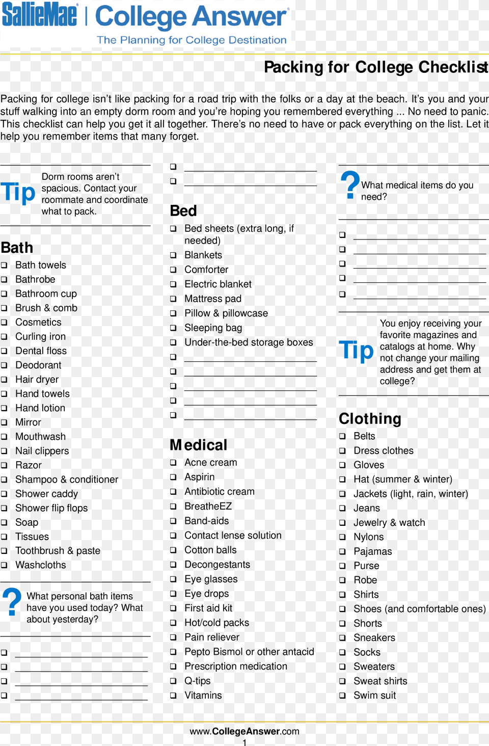 College Packing Checklist College Answer Packing List, Text Free Png