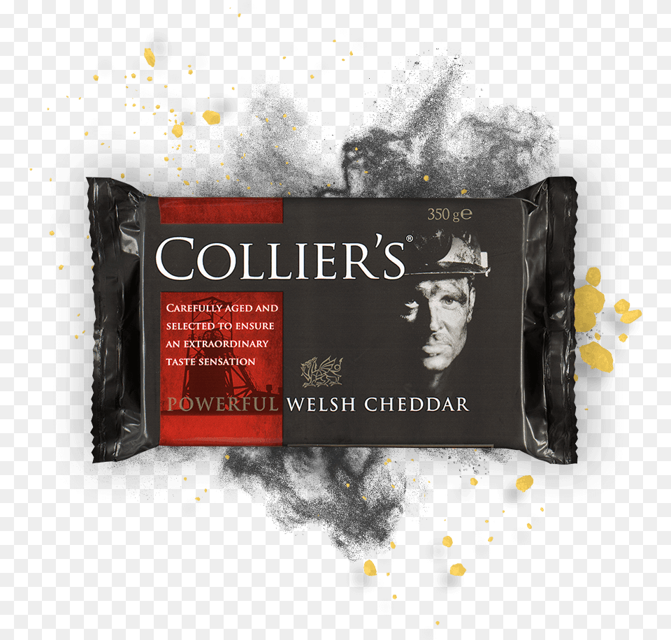 Colliers Cheese Collier S Powerful Cheddar Collier39s Powerful Welsh Cheddar, Powder, Advertisement, Person, Man Free Png