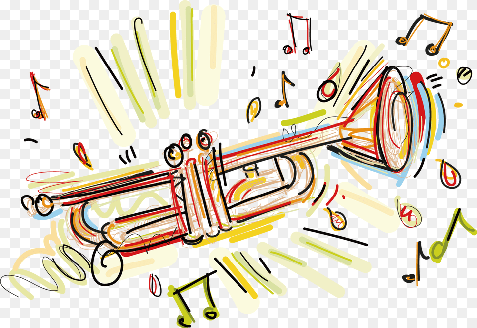 Color Drawing Music Clipart Simple Trumpet Drawing, Musical Instrument, Brass Section, Horn, Lawn Png Image