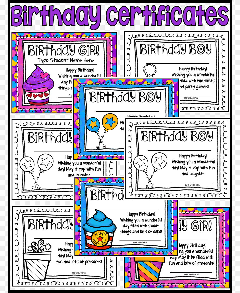 Colorful Birthday Certificates For The Birthday Girl Illustration, Book, Comics, Publication, Person Free Transparent Png