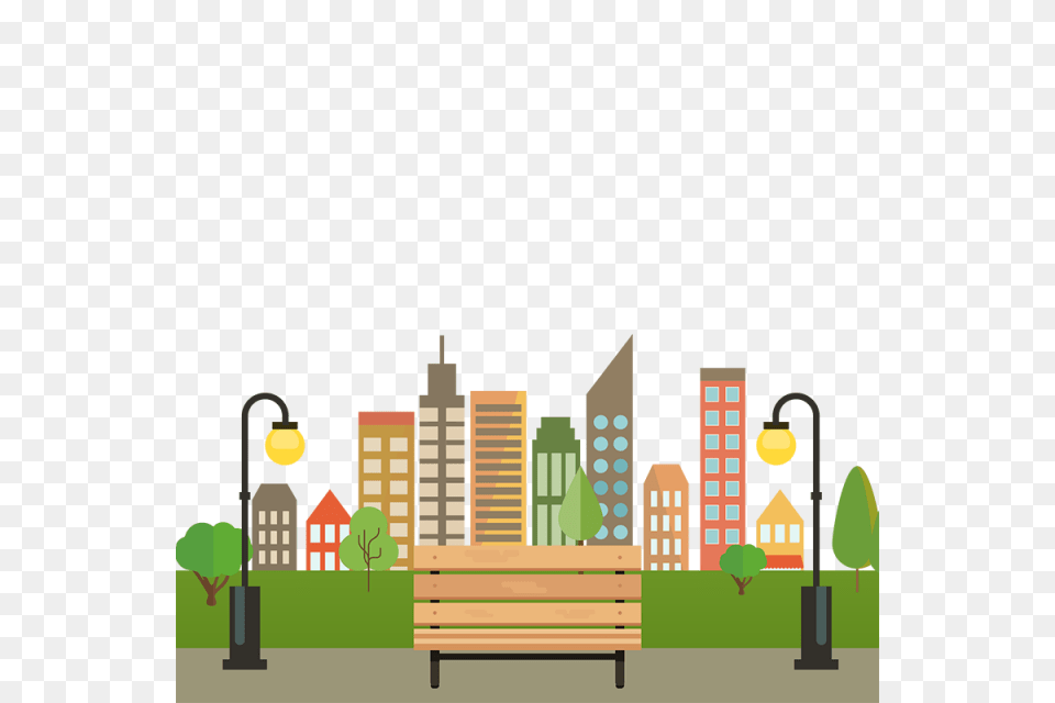 Colorful Building City With Bench Vector City With Benches, Plant, Furniture, Grass, Neighborhood Free Png Download