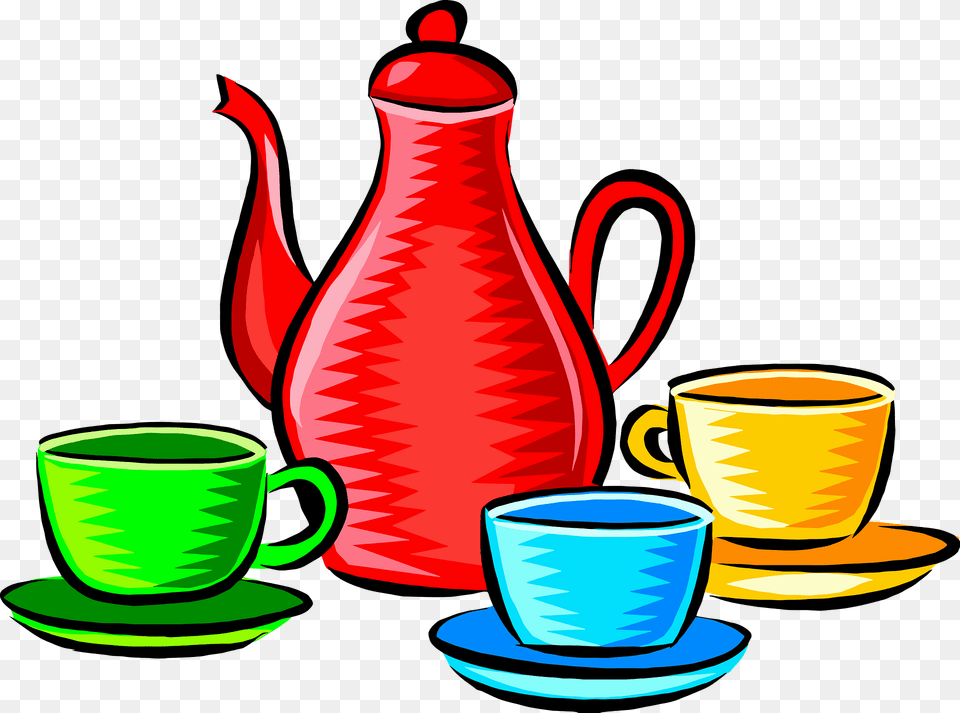 Colorful Coffee Pot And Cups Clipart, Pottery, Cup, Cookware, Saucer Png Image