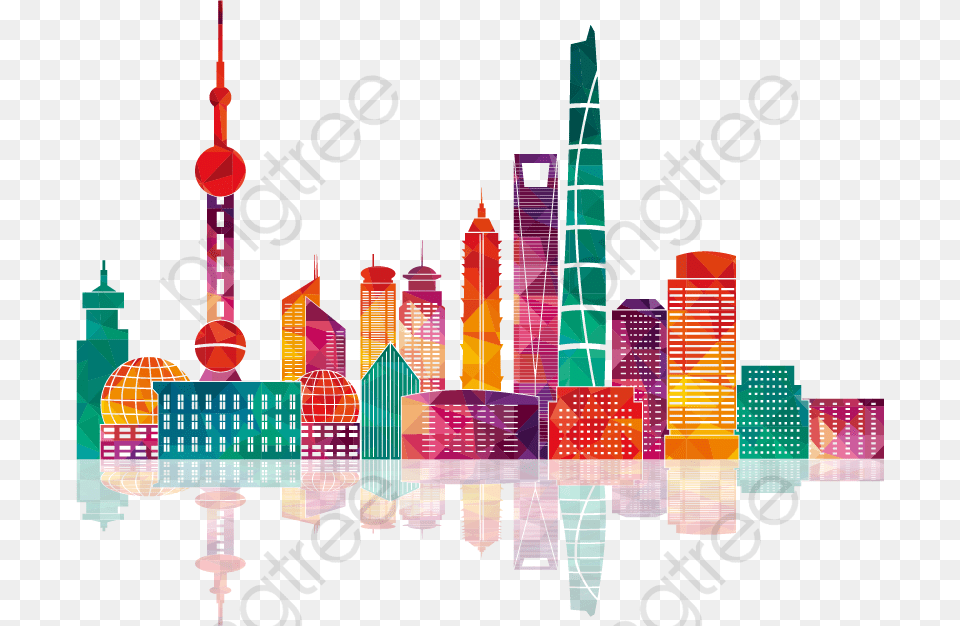 Colorful Shanghai Building Silhouettes Shanghai, City, Urban, Art, Graphics Png Image