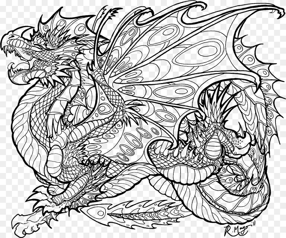 Coloring Pages For Adults Difficult Dragons Gallery Mythical Dragon Dragon Coloring Pages, Art, Drawing, Blackboard Png Image