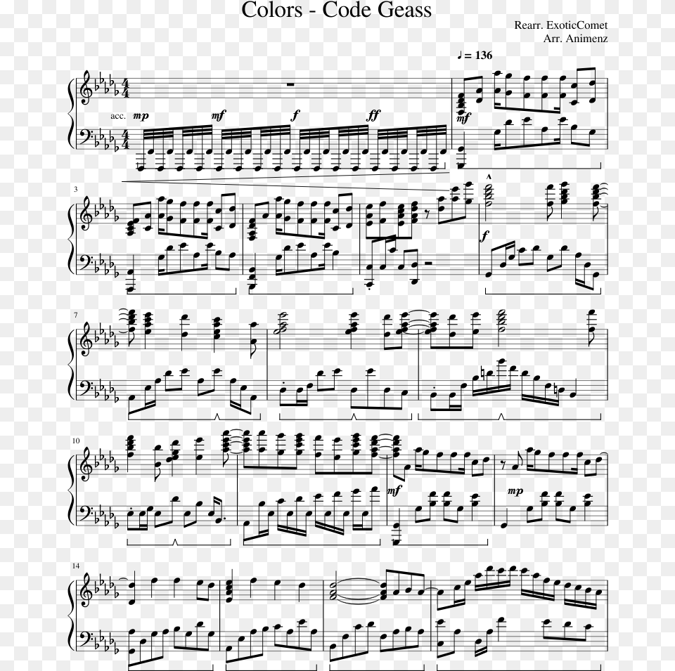 Colors Code Geass Piano Sheet Music, Gray Free Png Download