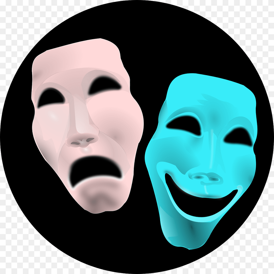 Comedy Face Theater Tragedy Masks Red Blue Sad Drama Symbols, Mask, Head, Person Free Transparent Png
