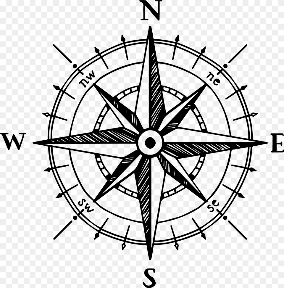 Compass Drawing Black North South East West Overlay Compass Rose, Gray Free Png Download