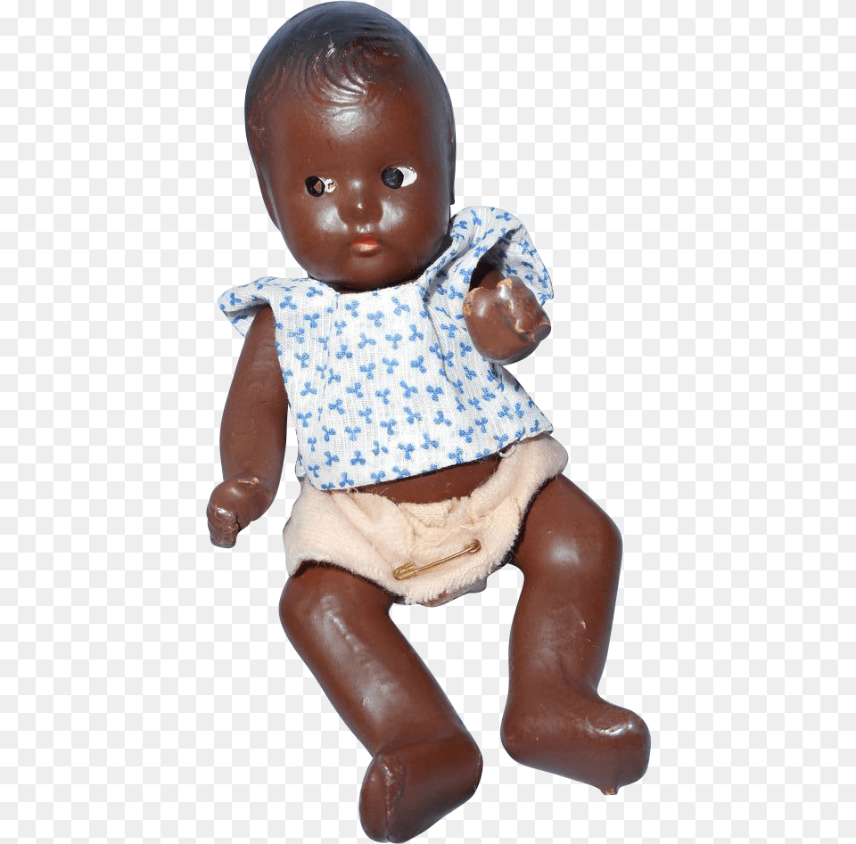 Composition Black Baby Doll 7 Inches 1940s Sitting, Person, Toy, Face, Head Free Png