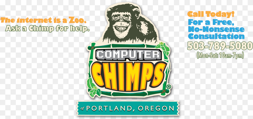 Computer Chimps Of Portland Oregon Label, Face, Head, Person, Advertisement Png Image