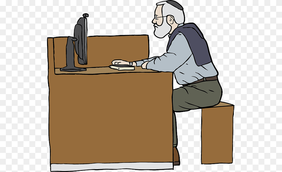 Computer Desk Man Person Cartoon Pictogram Beard Old Man Working Clipart, Furniture, Table, Adult, Male Png